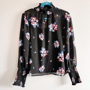 Laundry by Shelli Segal Mock Collar Sheer Black Floral Long Balloon Sleeve Small